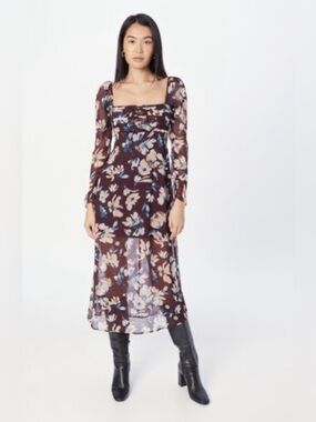 Abercrombie & Fitch Emerson Midi Dress Chiffon Long Sleeve Brown Medium Tall
